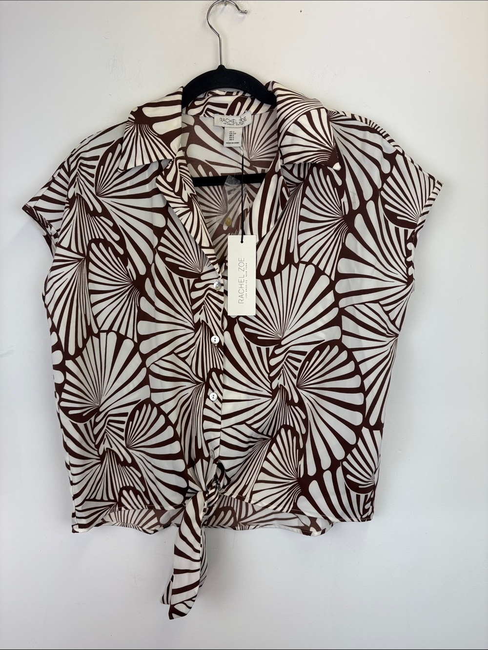 Rachel Zoe NWT Tie Front Blouse Brown Cream Print Button Front tie Top Sz small